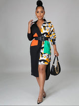 Model styled with a belt and handbag, wearing a black and leopard print color-blocked shirt dress with abstract print accents.