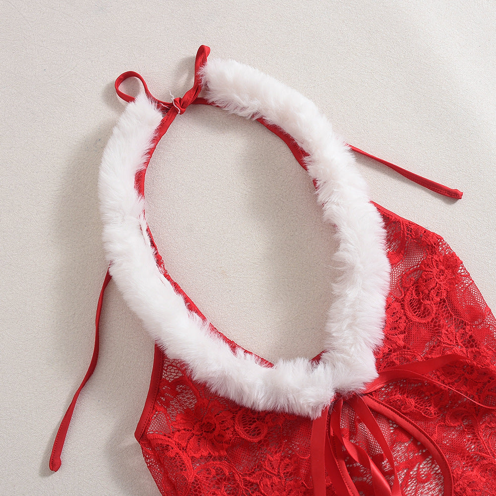 Festive lace mini dress with faux fur trim and ribbon accents - View 10 | Lwiis