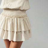 Detail of the smocked waistband and tiered ruffled skirt of the cream dress.