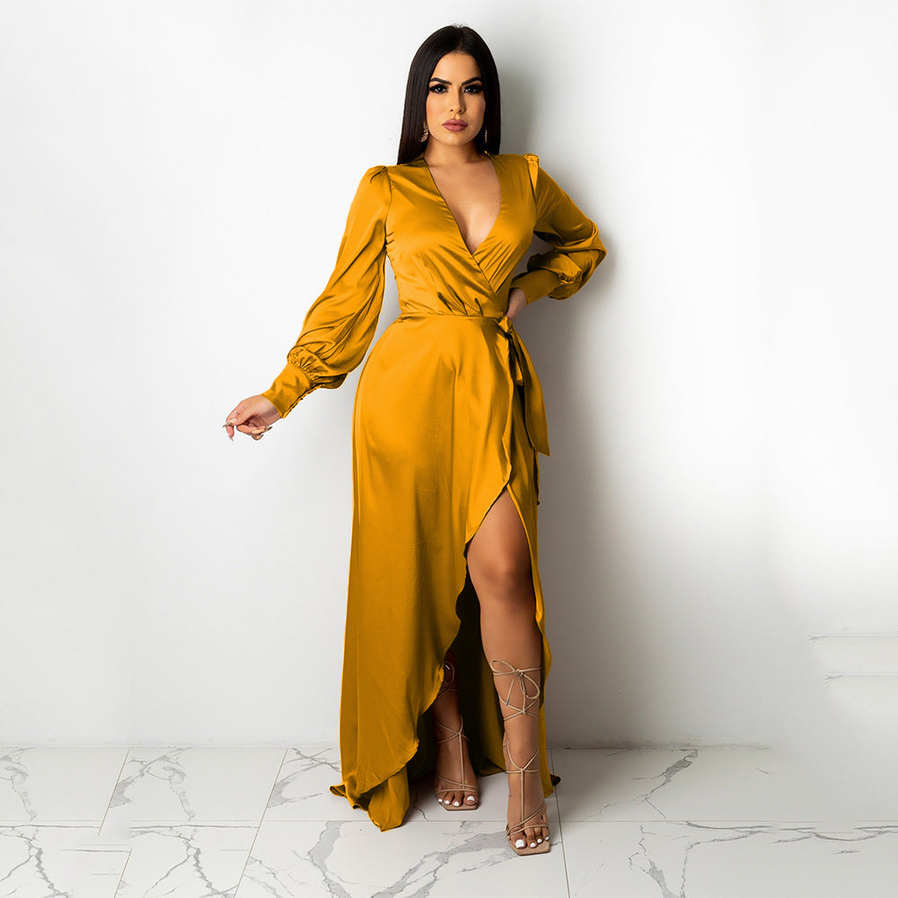 Satin flowy maxi dress with high slit - View 8 | Lwiis