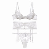 Sexy Lingerie 3 Piece Set Ultra Tulle Lace Transparent Cutout