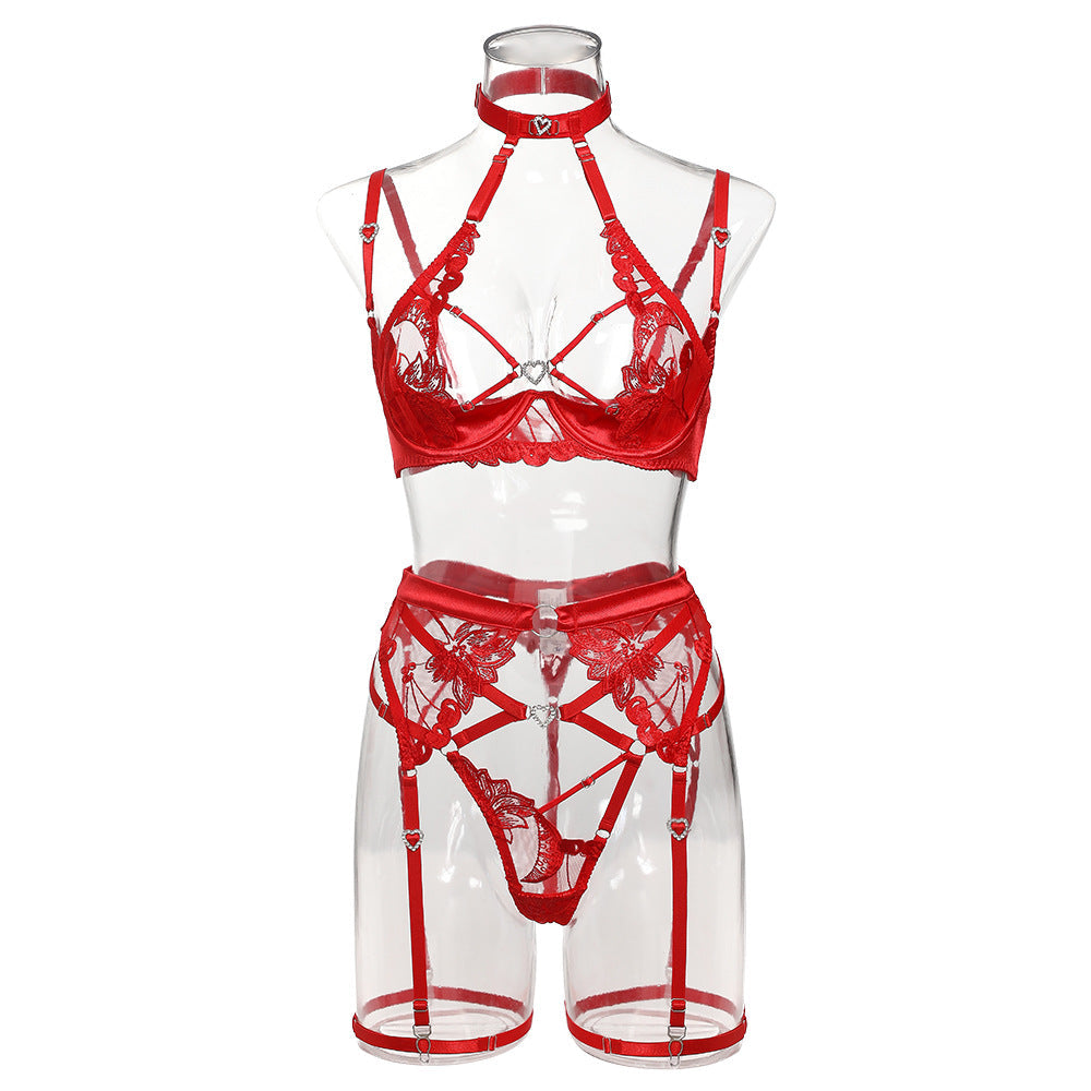 Hot Pink Embroidered Mesh Stitching Lingerie Set