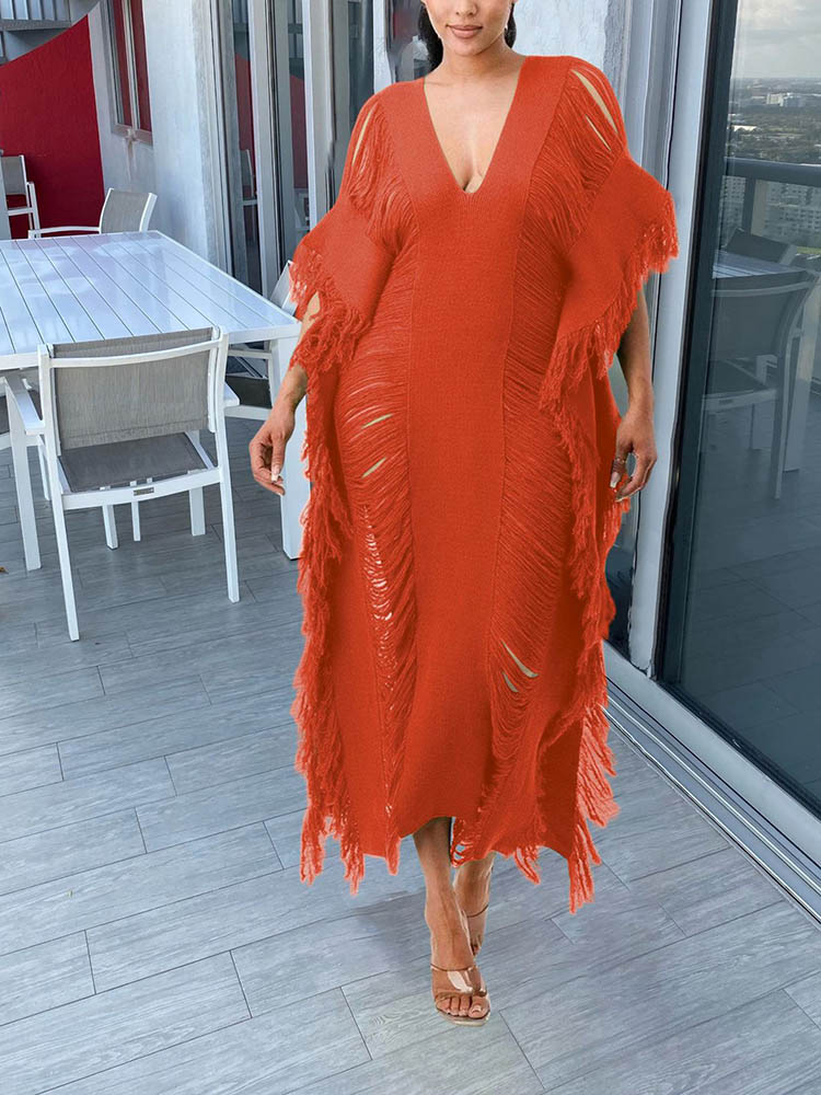 Knit Maxi Dress with Fringe Detailing - View 23 | Lwiis