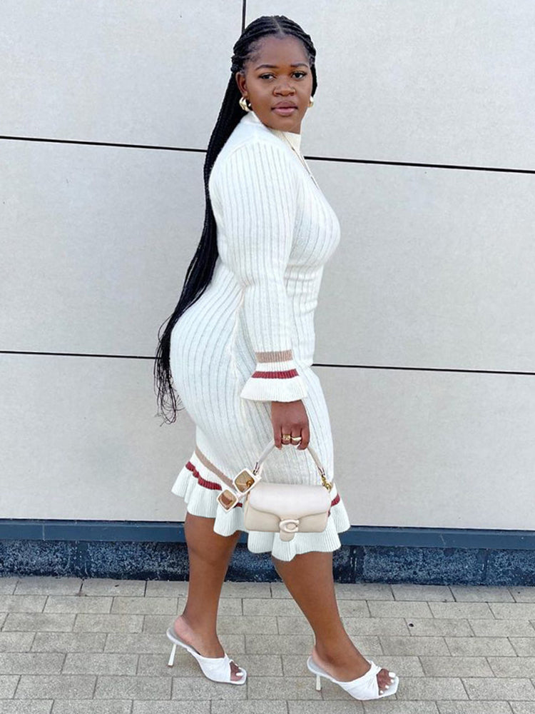 Rib Knit Ruffle Hem Midi Dress - View 9 | Lwiis