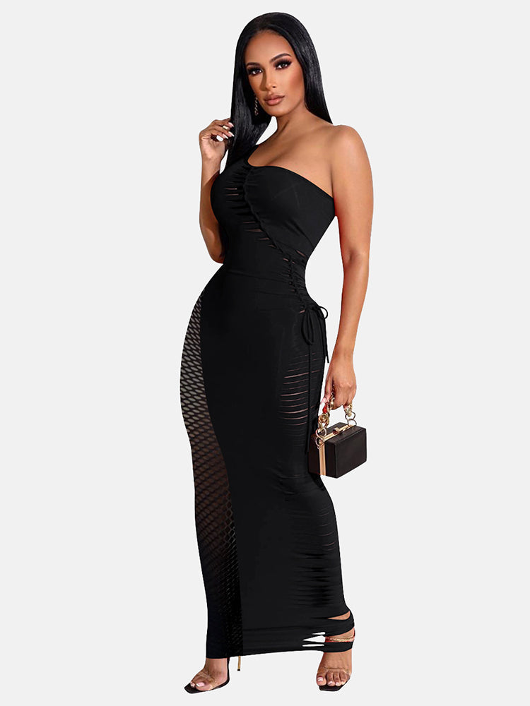 woman wearing a black one-shoulder column gown with sheer mesh panel and ruching