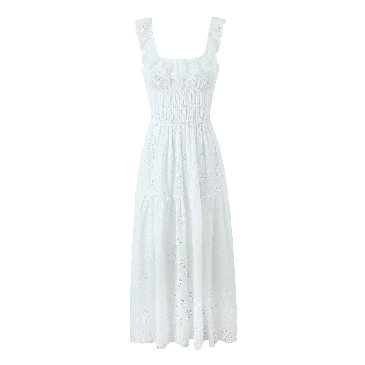 White eyelet A-line maxi dress with smocked bodice and ruffle straps - View 6 | Lwiis