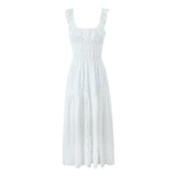 White eyelet A-line maxi dress with smocked bodice and ruffle straps - View 6 | Lwiis
