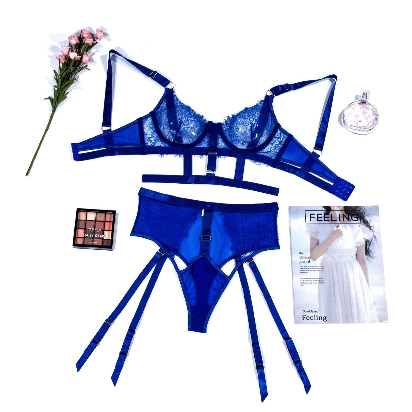 Lace Perspective Letter Print Bandage Girdle Sexy Lingerie Set