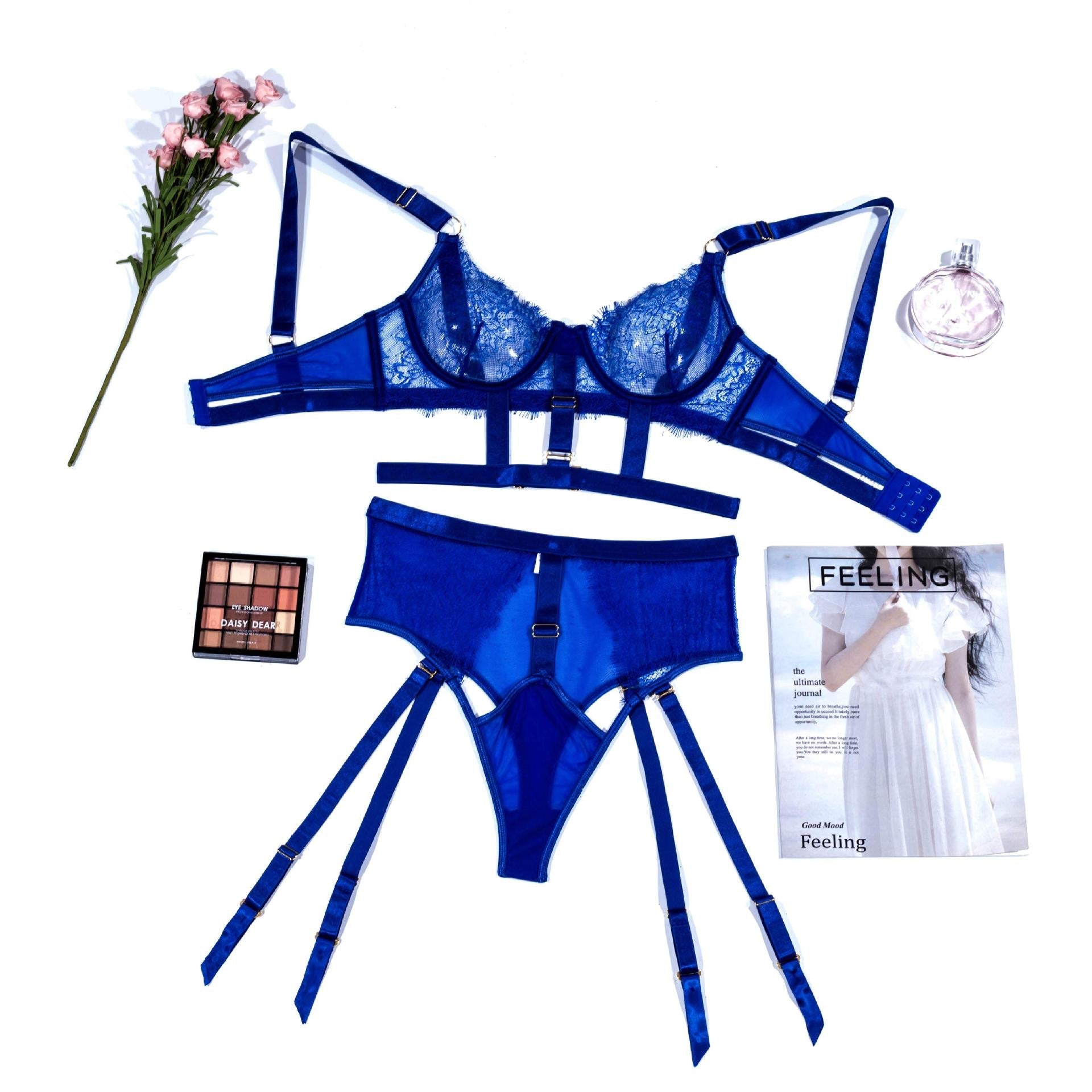 Lace Perspective Letter Print Bandage Girdle Sexy Lingerie Set