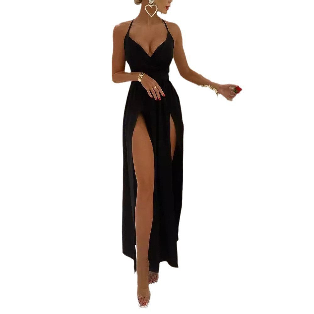 V-neck sleeveless maxi dress with high waist and irregular hem - View 8 | Lwiis