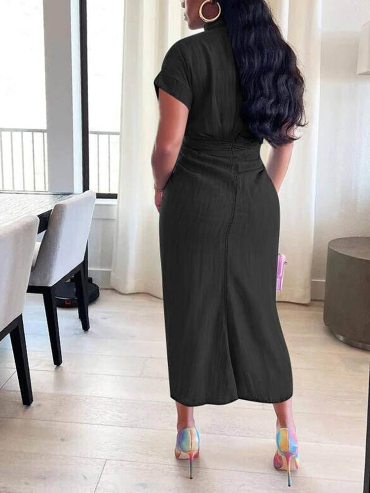 Denim-like button down midi dress - View 9 | Lwiis