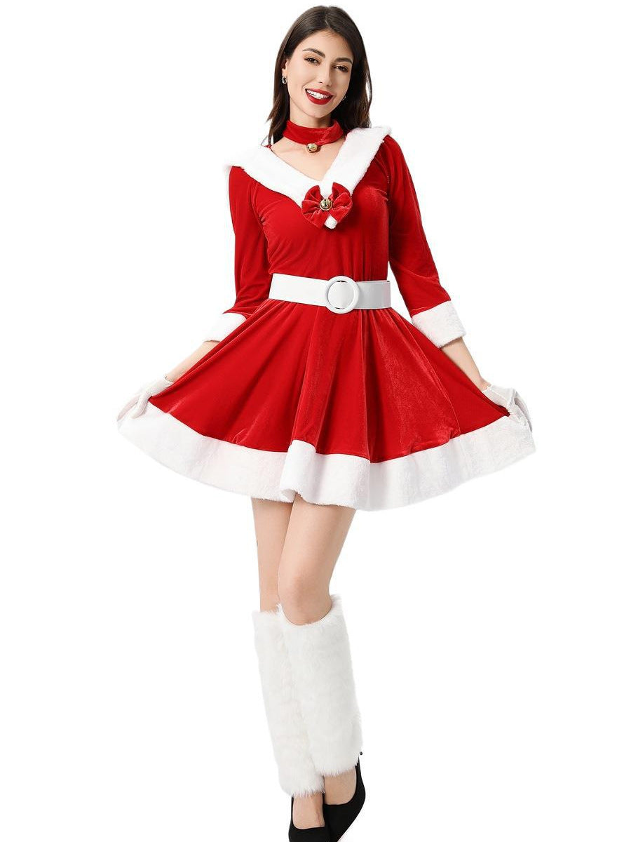 Front view of a woman in a festive red and white Christmas outfit