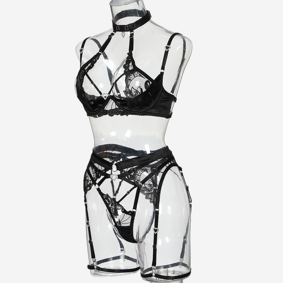 Hot Pink Embroidered Mesh Stitching Lingerie Set