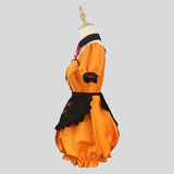 Side view of the orange Halloween costume, showing the back of the apron and the puffy sleeves, on a mannequin against a grey background
