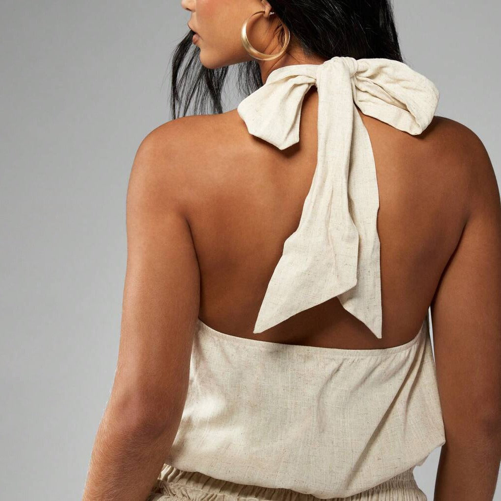 Linen Blend Mini Dress with Smocked Waist - View 7 | Lwiis