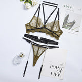 Sheer Lash Lace Embroidery Metal Chain Sexy Lingerie Set