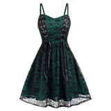 red and black lace skull print fit and flare dress with lace-up bodice
