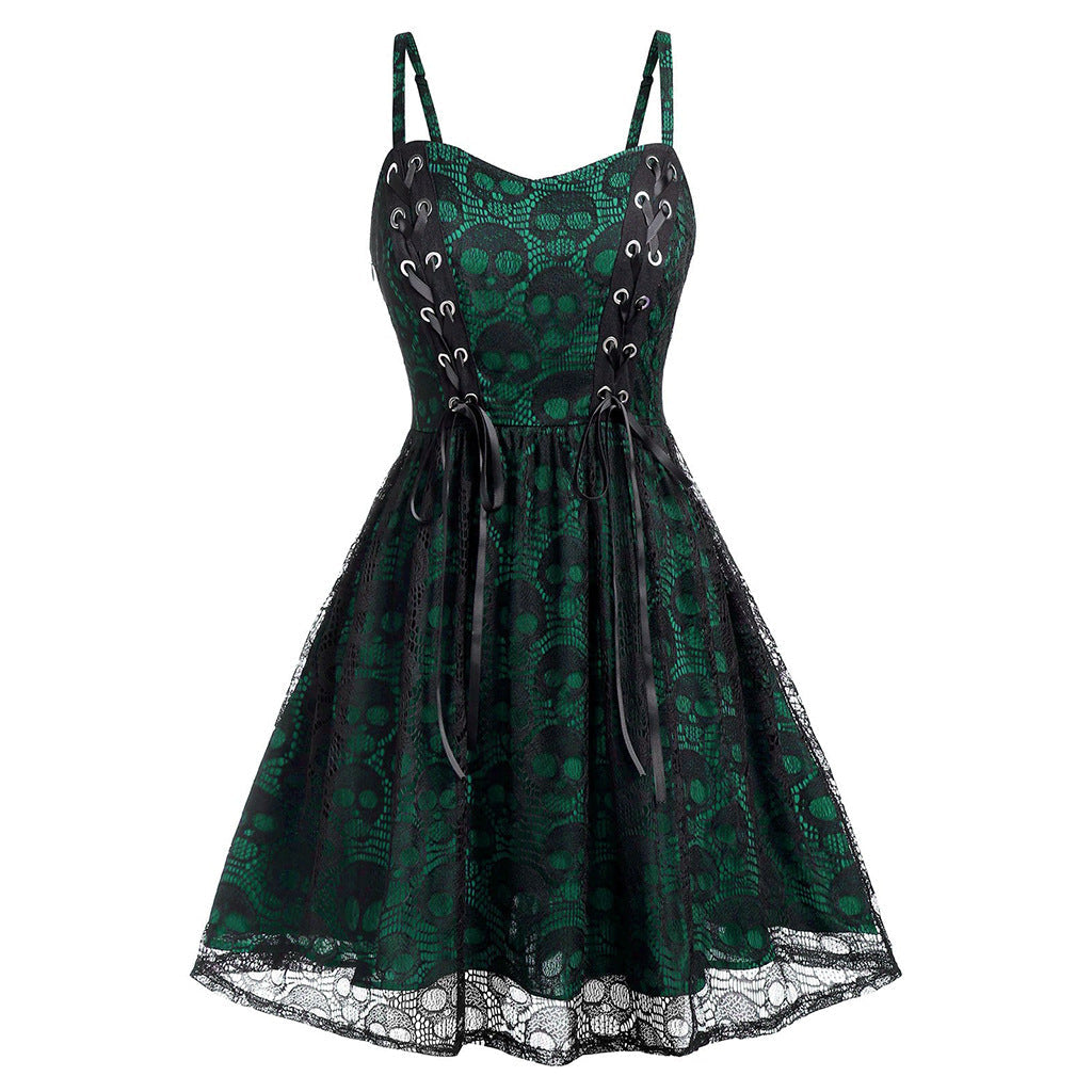 red and black lace skull print fit and flare dress with lace-up bodice