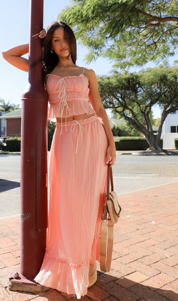 Ruffled trim cropped top and flowing A-line maxi skirt set - View 10 | Lwiis