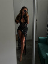 Elegant black lace maxi dress with high neckline and high slit - View 8 | Lwiis