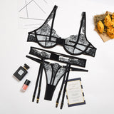 Sheer Mesh Embroidered Lace Perspective Sexy Lingerie Set