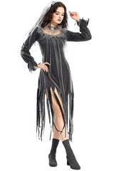 Full-length shot of a woman in a ghostly bride costume, showing the high neckline and tattered skirt.