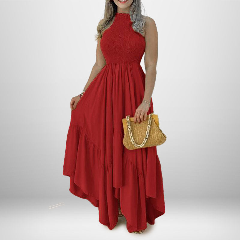 woman in red halter neck maxi dress with ruffled tiers and smocked bodice