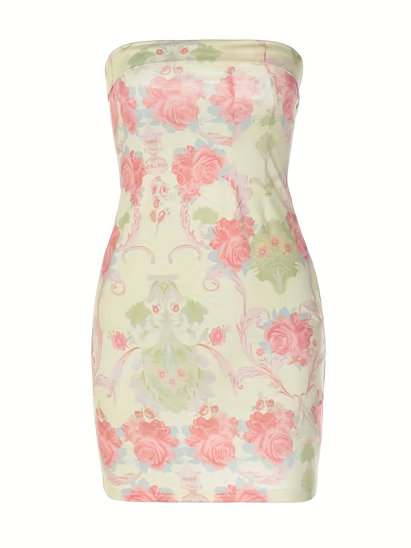 A pale yellow strapless mini dress with a pink and green floral print, displayed on a white background.