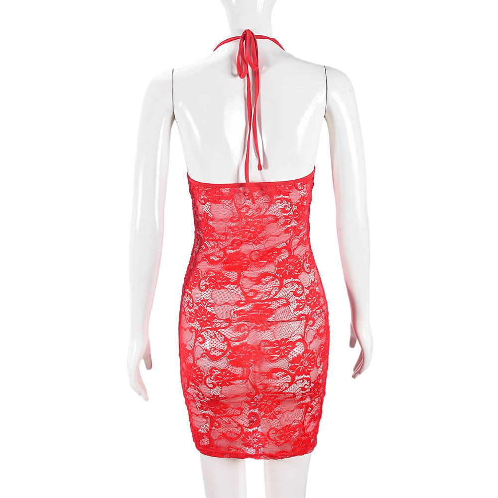 Festive lace mini dress with faux fur trim and ribbon accents - View 7 | Lwiis