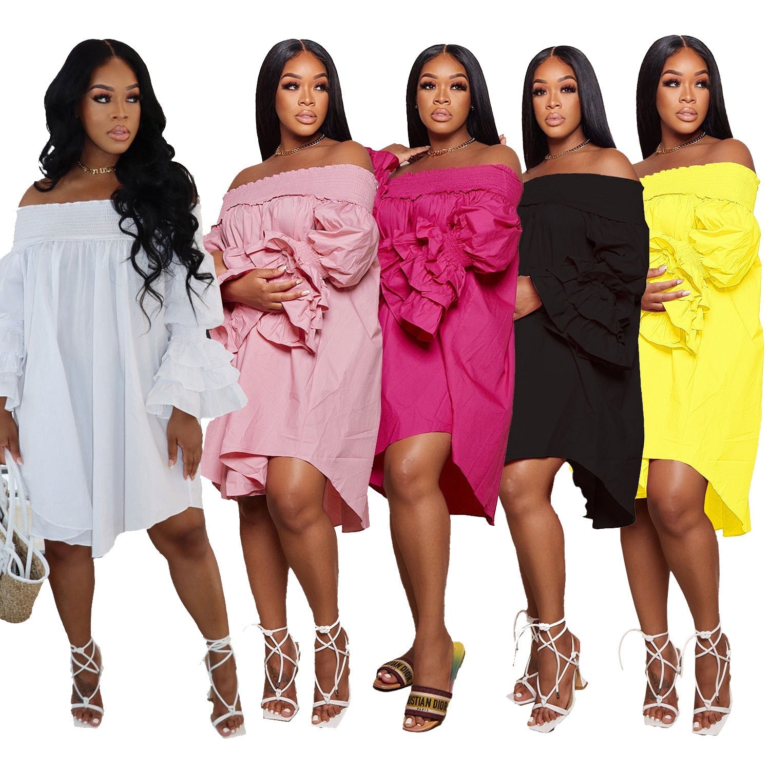 Five women modeling off-the-shoulder dresses in white, pink, hot pink, black, and yellow.