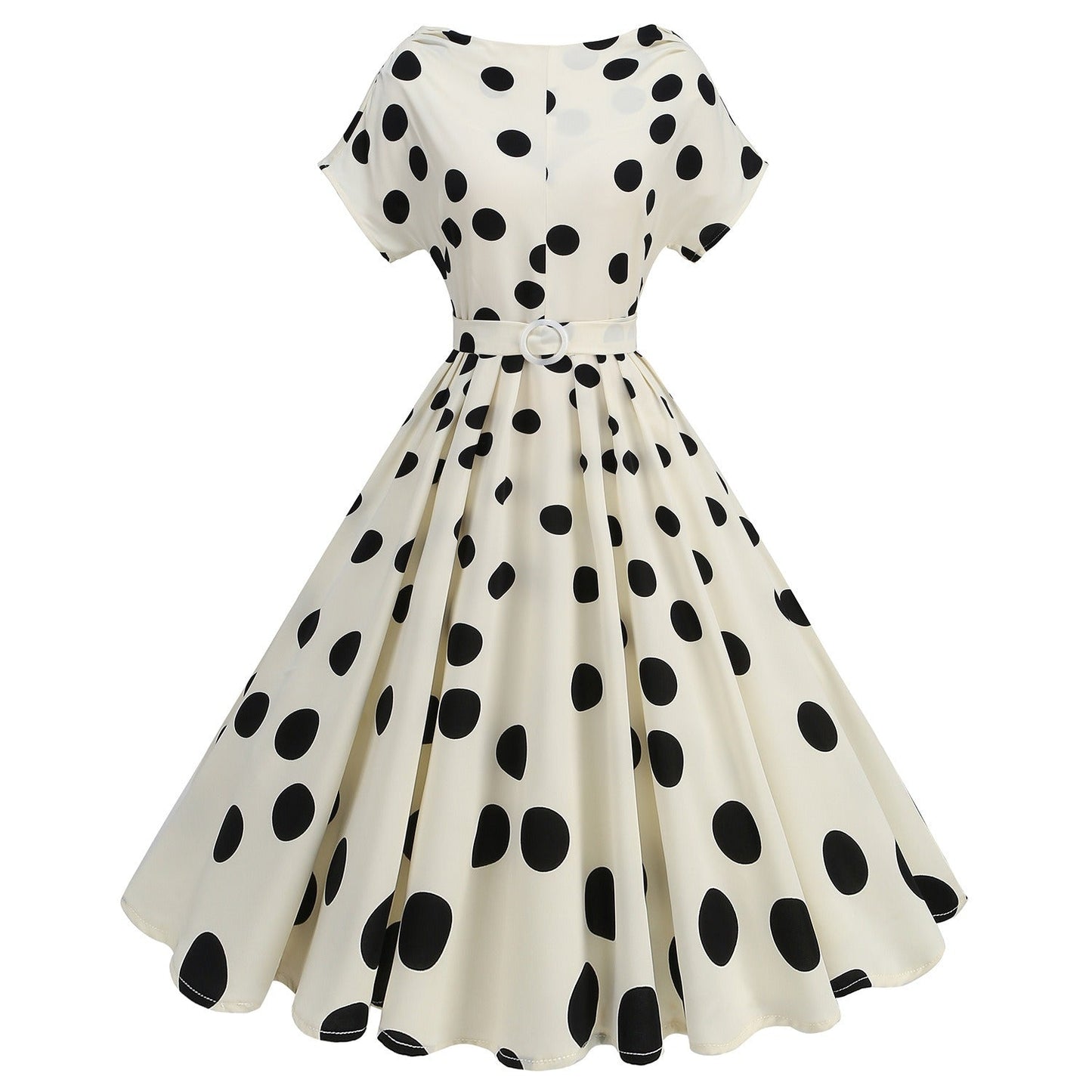 a vintage-style polka dot dress on a white background