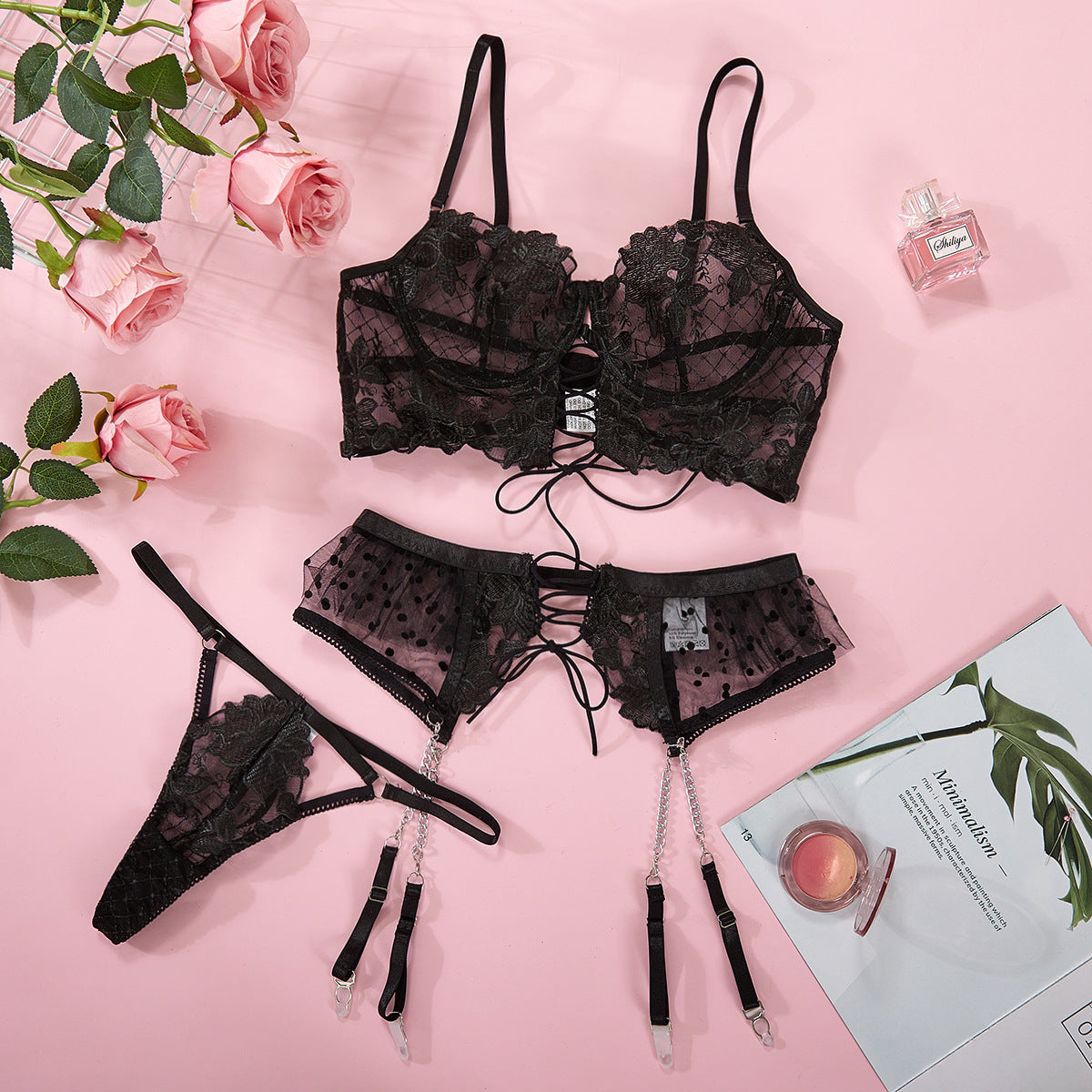 Lace Embroidery Stitching Mesh Bandage 3-Piece Lingerie Set
