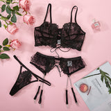 Lace Embroidery Stitching Mesh Bandage 3-Piece Lingerie Set