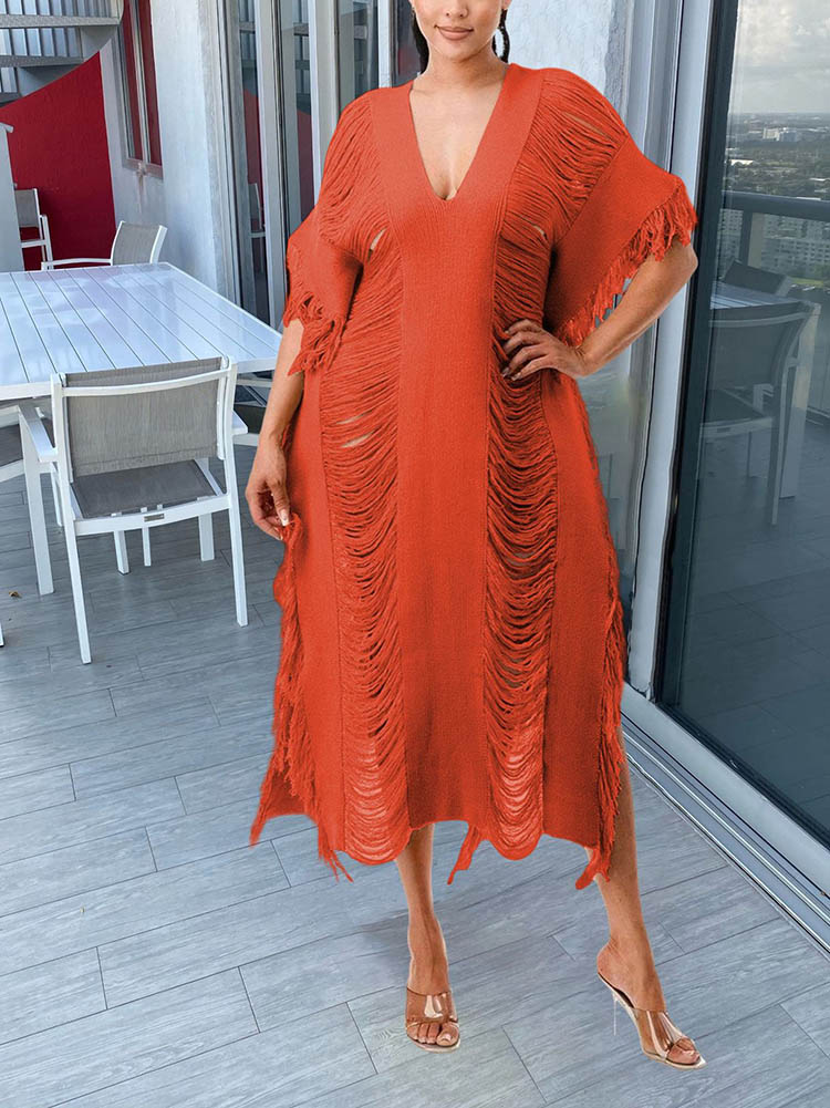 Knit Maxi Dress with Fringe Detailing - View 24 | Lwiis