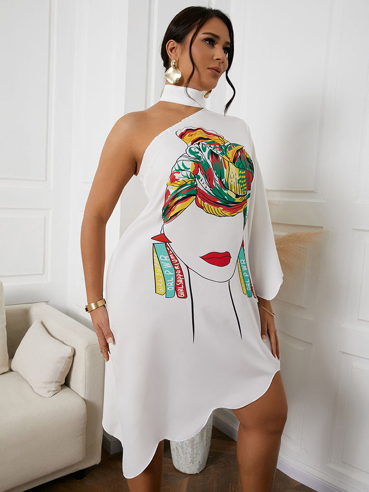 Side view of a woman in a white asymmetrical dress with a graphic print
