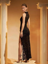 Lace Maxi Dress with High Slit - View 10 | Lwiis