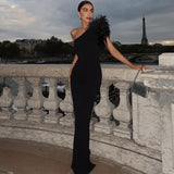 Woman wearing a black one-shoulder floor-length gown with feather detailing on the shoulder, standing on a balcony with the Eiffel Tower in the background.