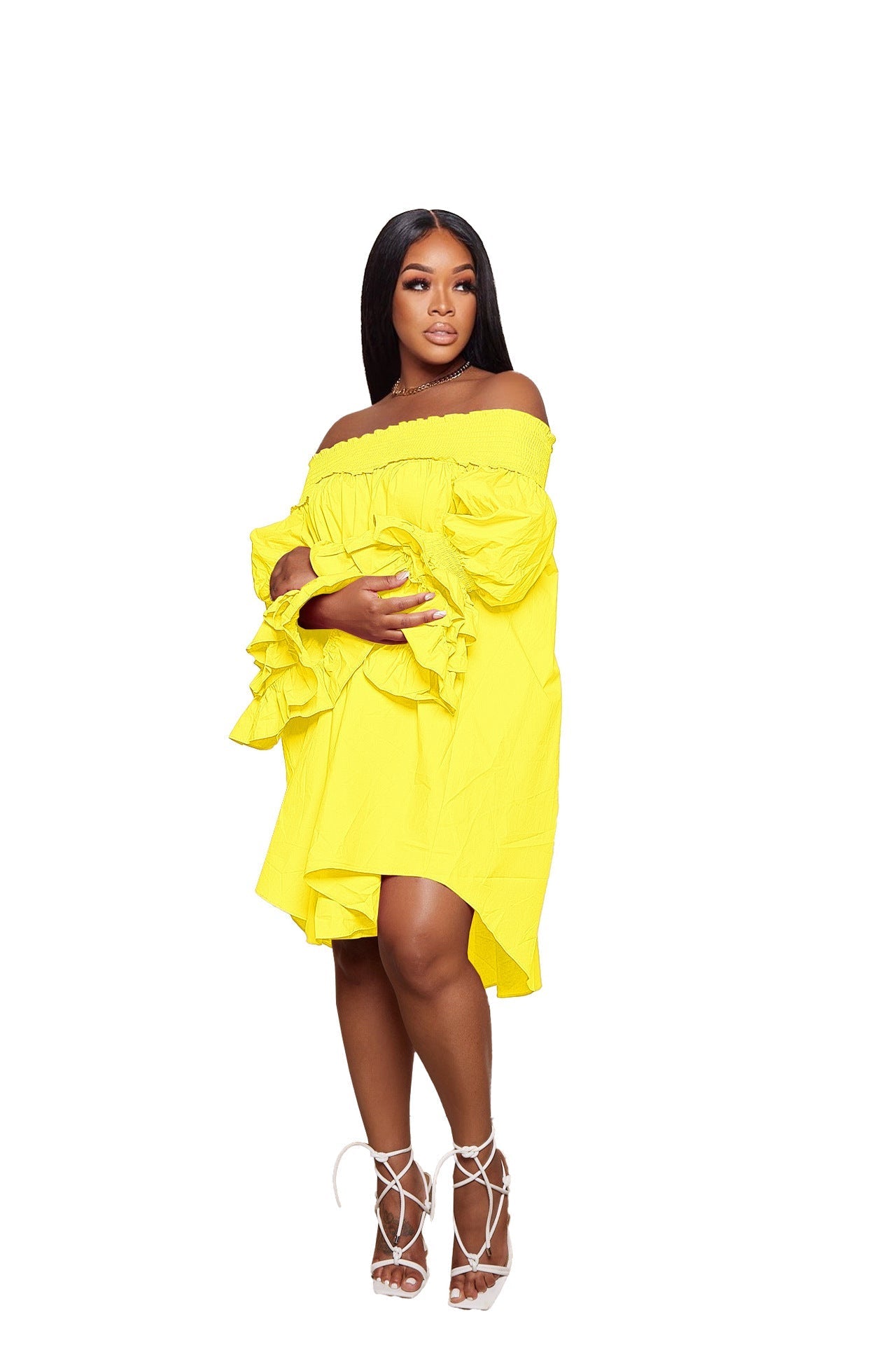 Off-Shoulder Tiered Mini Dress with Ruffle Sleeves - View 18 | Lwiis