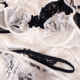 Sexy Lingerie 3 Piece Set Ultra Tulle Lace Transparent Cutout