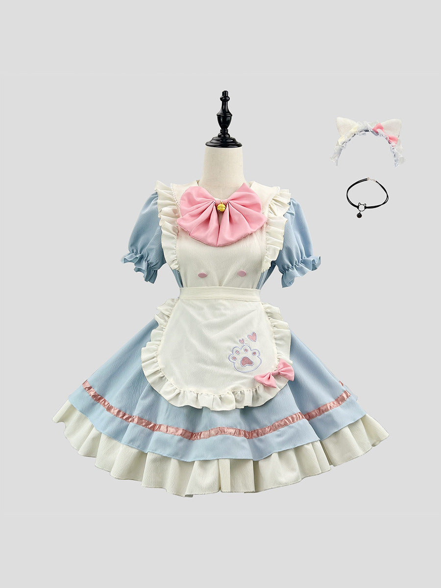 A complete maid costume set displayed on a mannequin, including a dress, headband, and necklace.