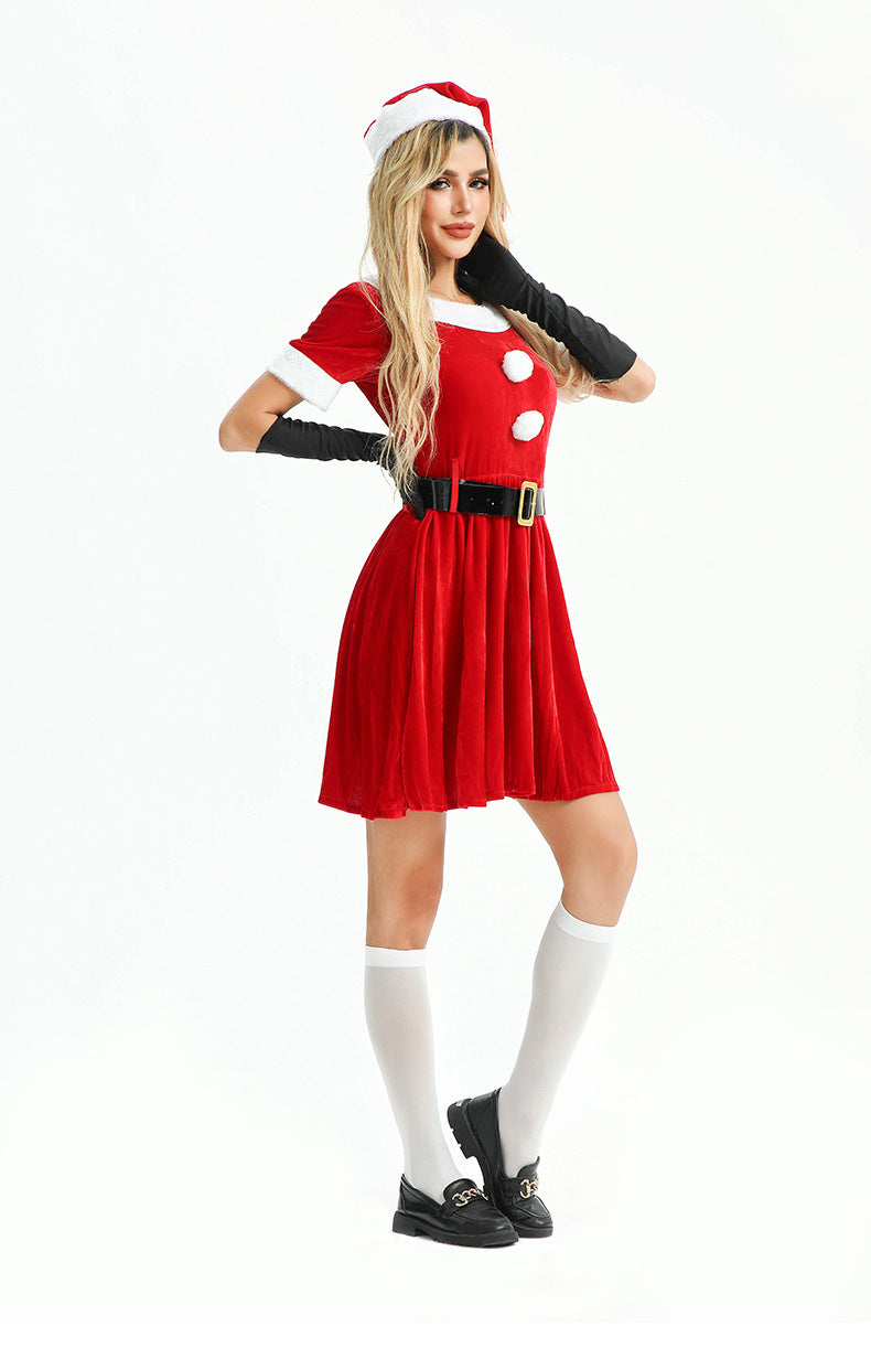 Women's festive velvet mini dress with Santa hat and thigh-high socks - View 7 | Lwiis