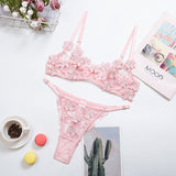 Sheer Mesh Floral Embroidery Sexy Lingerie Set