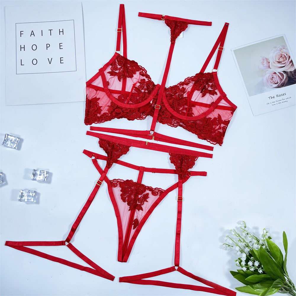 Embroidery Lace Halter Strappy Sexy Lingerie Set