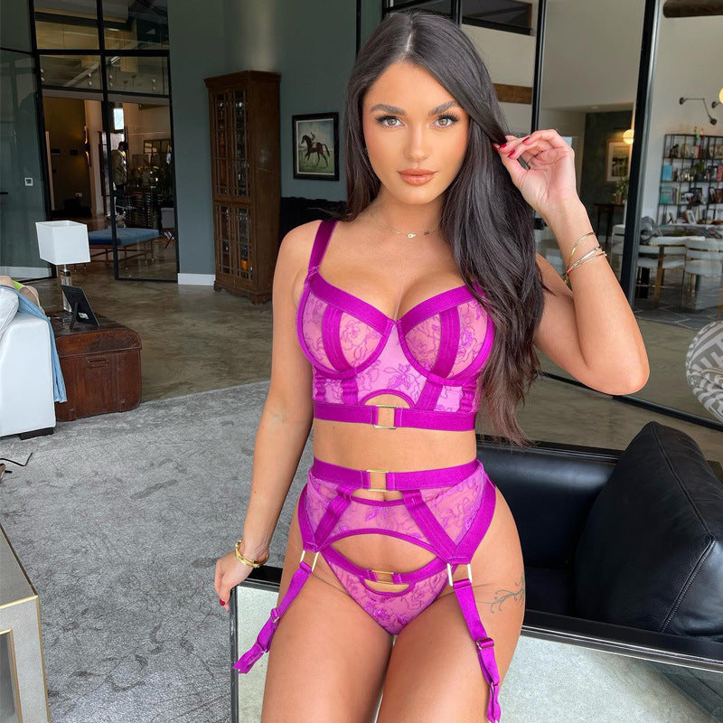 Sheer Mesh Perspective Satin Strappy Sexy Lingerie Set