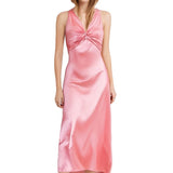 Elegant A-line satin dress with twisted halter neckline and ruched bodice - View 9 | Lwiis