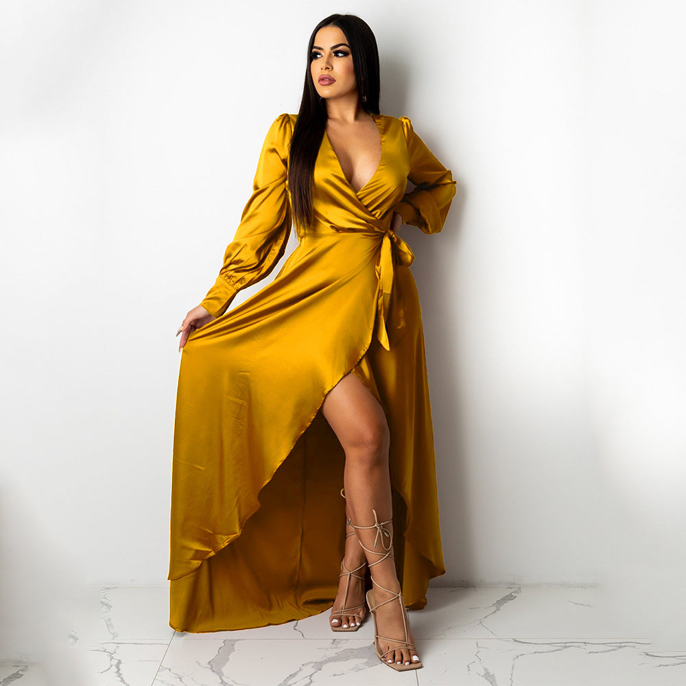 Satin flowy maxi dress with high slit - View 9 | Lwiis
