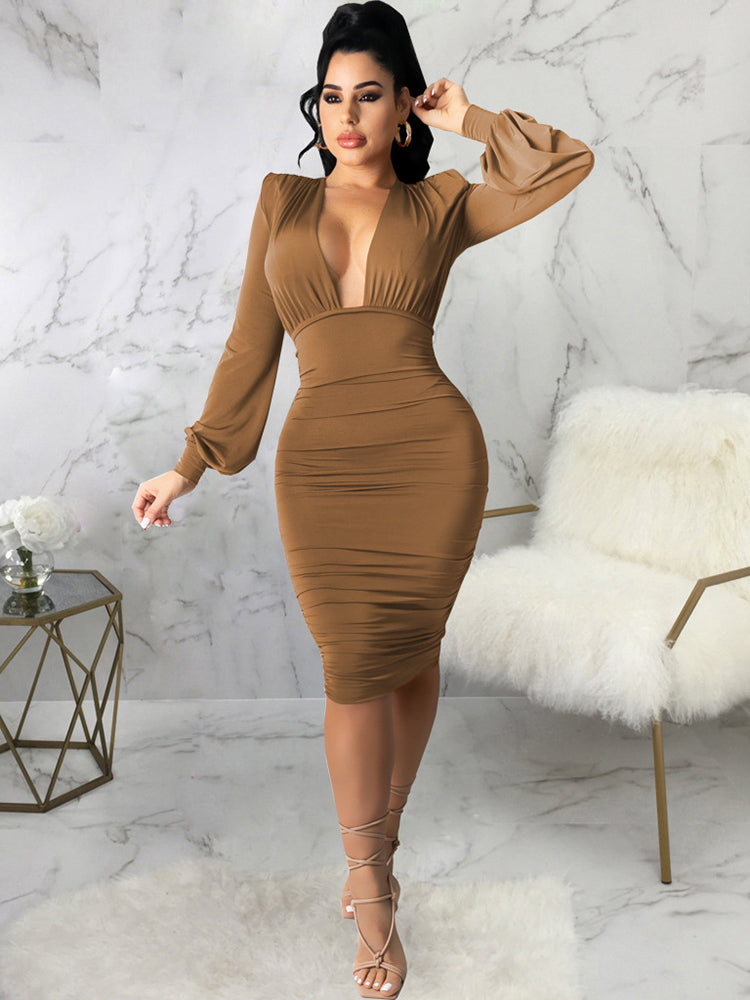 Ruched Midi Dress with Bishop Sleeves - View 7 | Lwiis