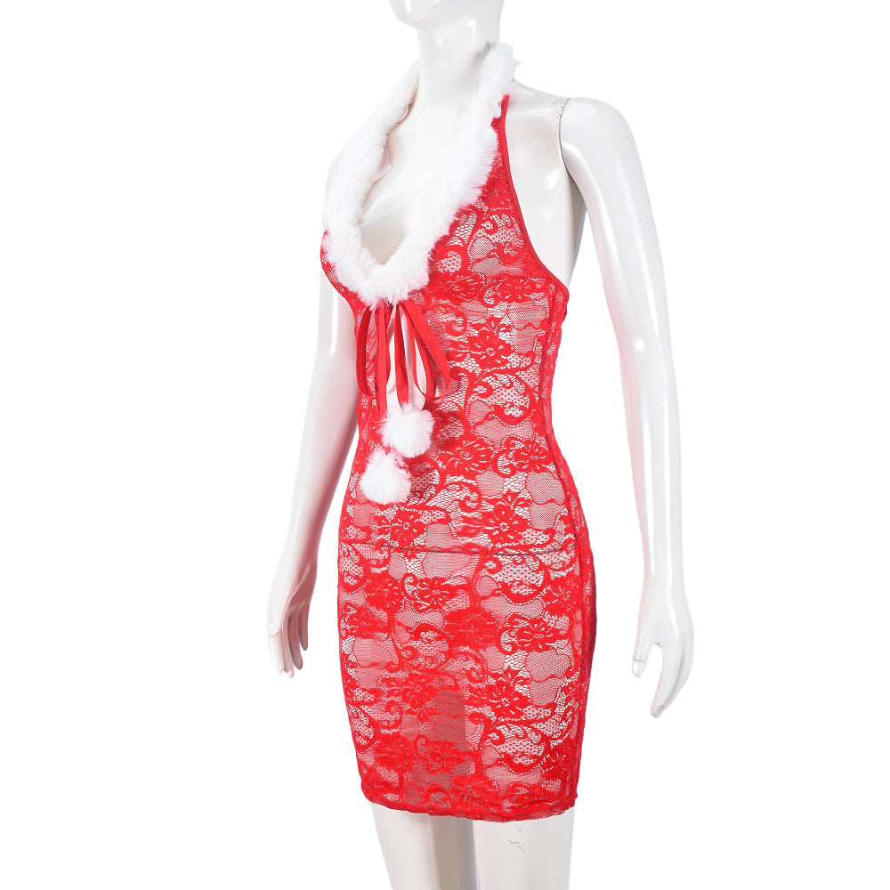 Festive lace mini dress with faux fur trim and ribbon accents - View 6 | Lwiis