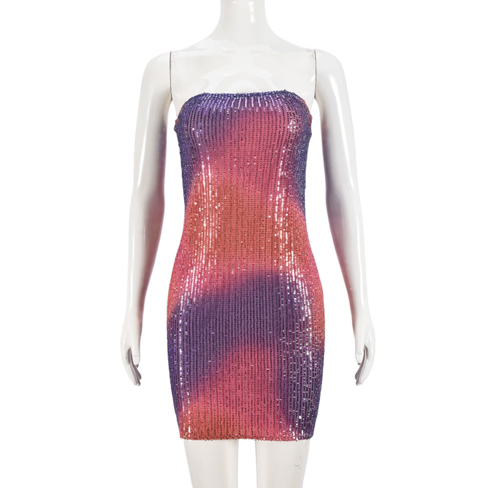 Strapless sequined ombre mini dress displayed on a mannequin
