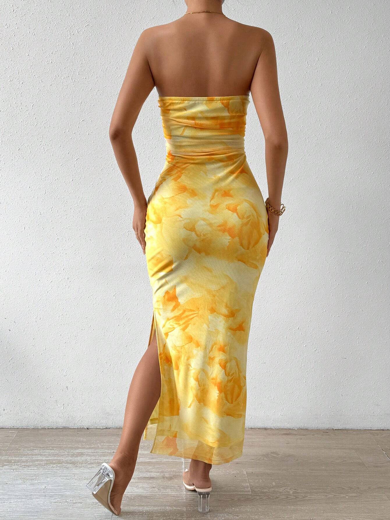 Sleeveless maxi dress with tie-dye print and side slit - View 6 | Lwiis